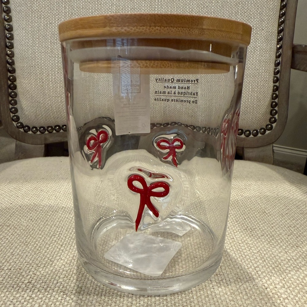 NWT Glass Jar with Red Ribbon Bow Design and Wooden Lid